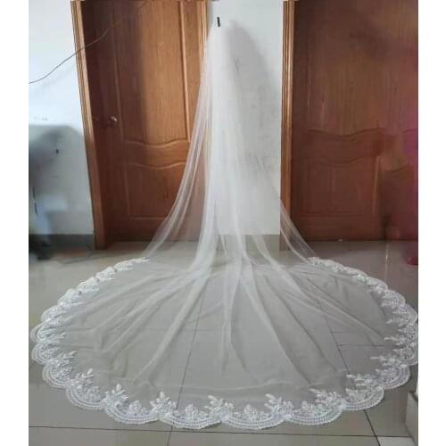 Real Photo 3m One Layer Wedding Veil With Comb White Lace Edge Bridal Veils Ivory Appliqued Cathedral Vail Voille De Mariage