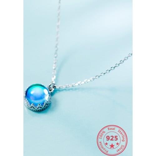 2020 New S925 Sterling Silver Necklace Gradient Aurora Blue Round Pendant Small Fresh Simple Style Exquisite Gift For Girlfriend