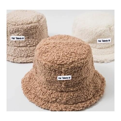 Lamb Faux Fur Bucket Hat Winter Warm Teddy Velvet Letter Printed Hats for Women Lady Thicken Panama Outdoor Fisherman Hat Caps