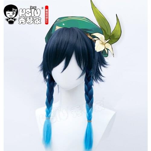 「HSIU Brand」Game Genshin Impact Venti cosplay Wigs Blue gradient short hair Fiber synthetic wig + Free brand wig net