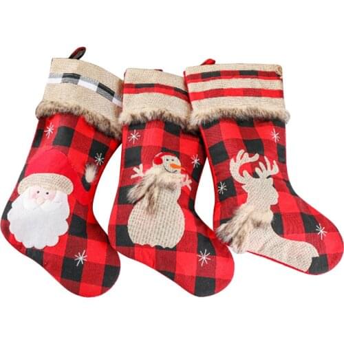 Christmas Linen Gift Bag, Santa Claus/Snowman/Elk Plaid Stocking Socks Present Bag with Hanging Loop 2020 New Arrivals