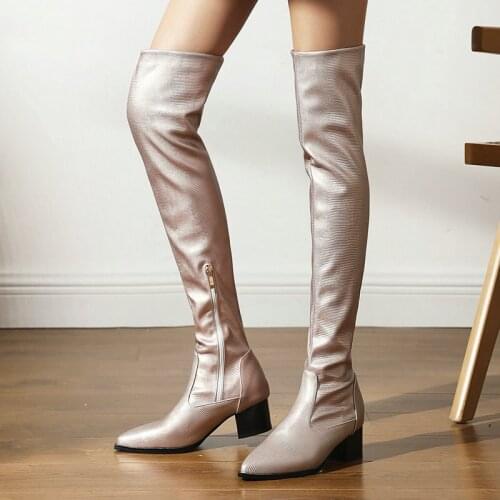Autumn Winter Warm Ladies Simple Over-The-Knee Boots Fashion Zipper Long Boots Female Slim Sexy Square Heel Womens Shoes 34-47