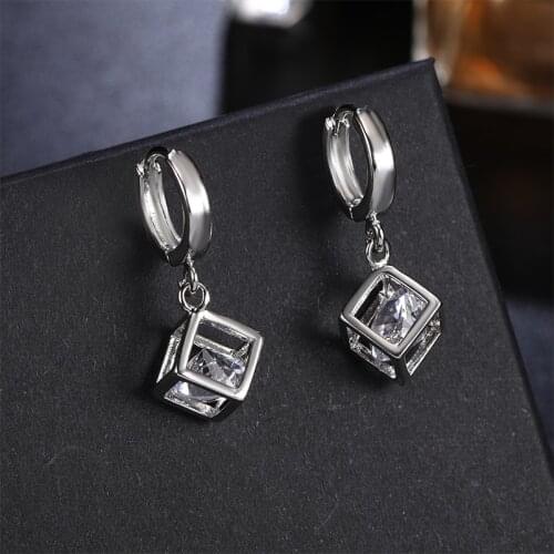 New Popular Silver Color Earrings For Women Jewelry Classic Rubiks Cube Shiny Zircon Earring Ear Loop Female Valentines Day