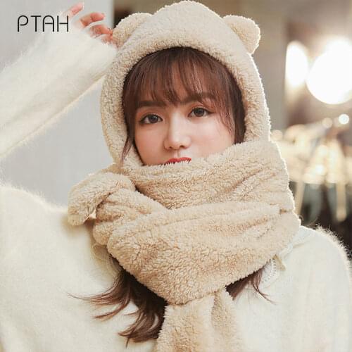 [PTAH] Bucket Hat Lamb Wool Hat Winter Warm Fishing Caps Faux Fur Arrow Symbol Printed Bucket Hat Men Women Tide Flat Top Hats