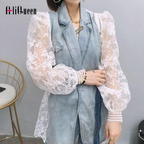 2021 Korean Coats Women Lace Sleeve Patchwork Embroidery Denim Jacket Female Summer Casual Oversized Jean Jackets Outerwear