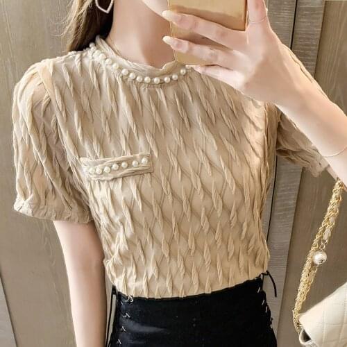 Woman T-shirts O Neck Beading Patchwork Short Sleeve T Shirt Women Summer 2021 New Loose Tees Loose Casual Simple Ladies Top