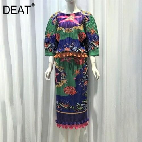 DEAT Pleated Suit Woman Hit Color Print Puff Sleeve Plus Size T Shirts + High Elastic Pick Hip Trumpet Skirt 2021 Summer 15HT008
