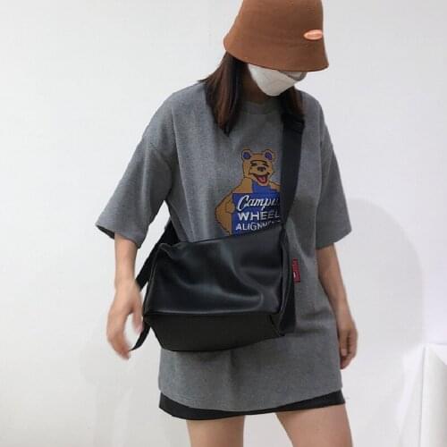 Women cool personality black simple brief crossbody bag for female girl soft casual pu leather wide strape shoulder bag