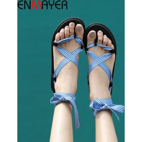 ENMAYER 2020 Genuine Leather Gladiator Women Sandals Casual Lace-Up Shoes Woman Ankle Strap Narrow Band Fashion Women Shoes