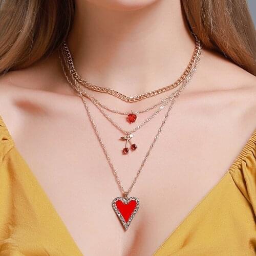 Women Fashion Gold Color Crystal Cherry Pendant Necklace for Women Sweet Multilayered Necklace Jewelry Accessories
