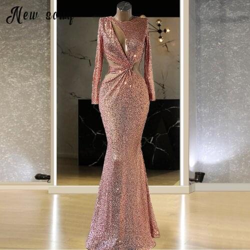 Luxury Long Sparkly Evening Dresses 2021 Sexy Mermaid Rose Gold Sequin African Women Dubai Formal Gowns