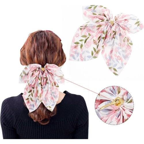 Oversized Bow Women streamer Hair Clip Girls Chiffon Ribbon Ponytail Hair circle Floral Big Bowknot Gold Buckle Metal Hairpin