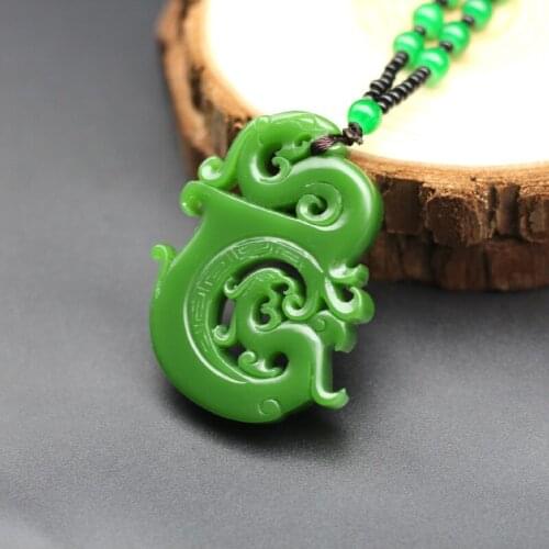 Dragon Natural Green Jade Kirin Pendant Necklace Chinese Double-sided Hollow Carved Charm Jadeite Jewelry Fashion Amulet Gifts