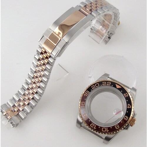 Two Tone Oyster Strap Automatic Watch Case Rose Gold Fit NH35A Seeing/Solid Back Sapphire Glass Rootbeer Insert