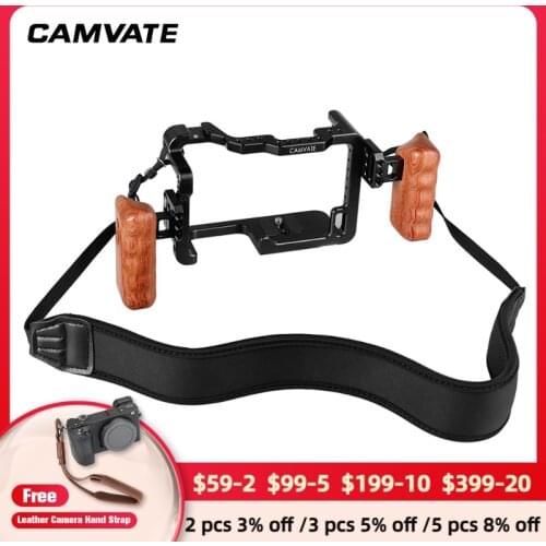 CAMVATE Camera Full frame Cage Rig With Dual Wooden Handle grip & Shoulder Neck Strap & Shoe Mount For DLSR Camera Panasonic GH5