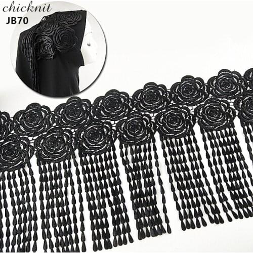 CHICKNIT wide 31CM fashion black rose flower embroidery Tassels lace trimming Tassels for Headscarf clothes accessories JB70