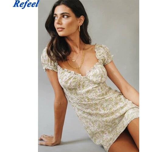 Fashion Beach Women Mini Dress Chiffon Elastic Back Zipper Vintage Floral Print Ruffles Dresses