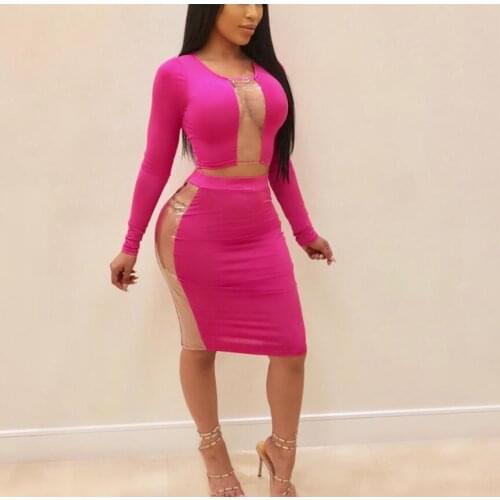 2018 autumn explosion models sexy two-piece transparent slim long-sleeved two-piece bag hip skirt nightclub clothing