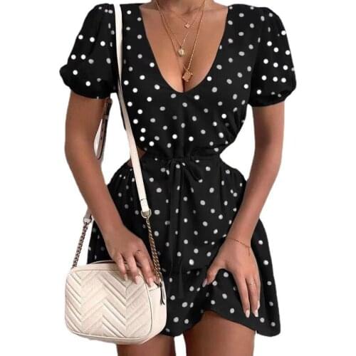 Summer Dress Women Polka Dot Print Short Sleeve Mini Dresses Retro Lace Hollow Out Slim Beach Dress For Woman Vestido Femme Robe