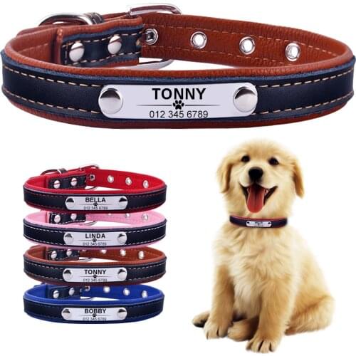 AiruiDog Adjustable Personalized Dog Collar Leather Puppy ID Name Custom Engraved XS-L