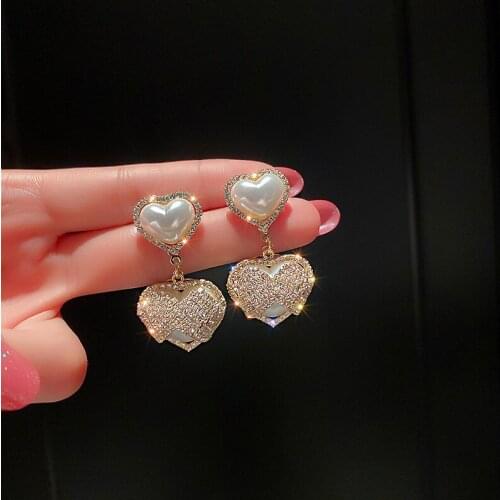 Luxury Graceful Female Jewelry Temperament Simple Cubic Zirconia Double Pearl Heart Drop Earrings for Women Girl Accessories