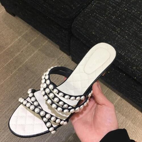 Med Heels Slippers Women Pearl Slides Summer Sandalias Mujer Sexy Luxury Fashion Ladies Shoes Outside Footwear Zapatos De Mujer