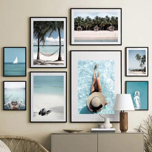 Blue Wave Sail Bridge Hammock Girl Wall Art Canvas Painting Nordic Posters And Prints Wall Pictures For Living Room Home Decor