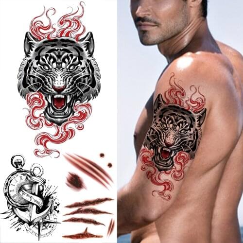Unique Arm Tiger Temporary Tattoos For Men Adult Fake Halloween Scar Compass Anchor Tatoos Waterproof Body Art Tattoo Sticker