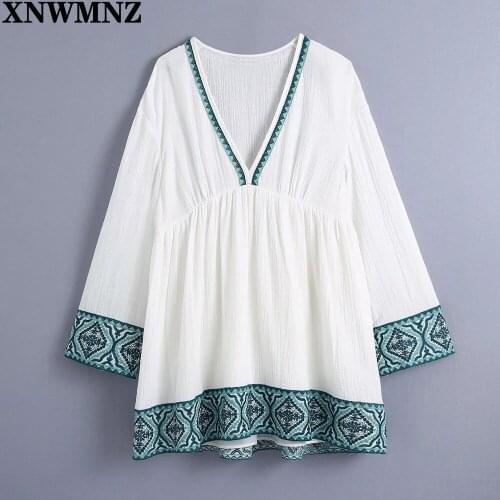 XNWMNZ Textured Mini Embroidery Dress Women Za 2021 Patchwork Long Puff Sleeve Vintage Loose Summer Dress Woman Pleated Dresses
