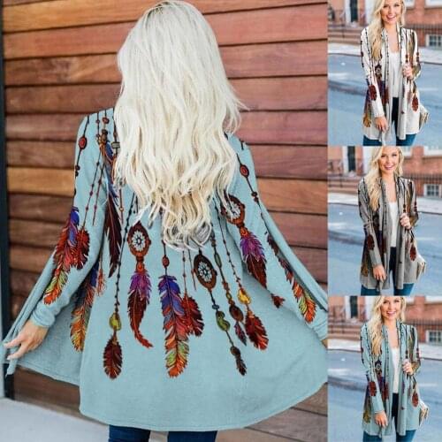 40#блуза женская Womens Blouses Open Front Feather Print Casual Long-sleeved Coat Tops Spring Elegant Harajuku Shirts топ