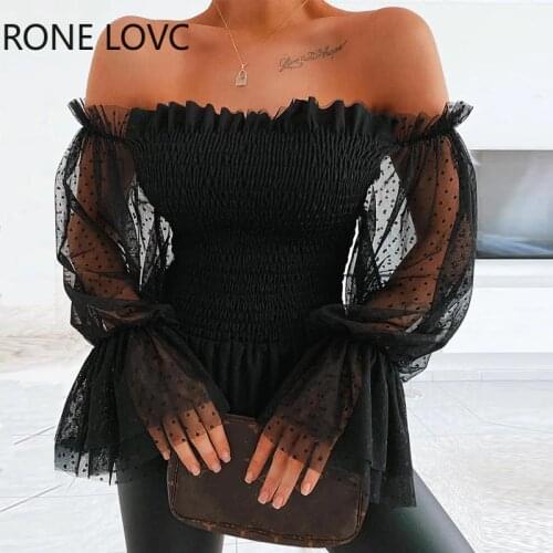 Women Slash Neck Ruffles Off Shoulder Ruched Mesh Top Spring Tops and Blouses