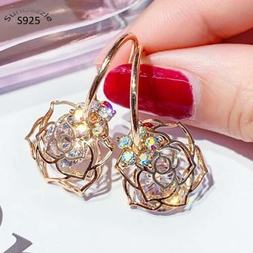 Real 925 Sterling Silver Needle Dangle Earrings for Women Jewelry Gold Rose Rhinestone Female Drop Tassel Earrings