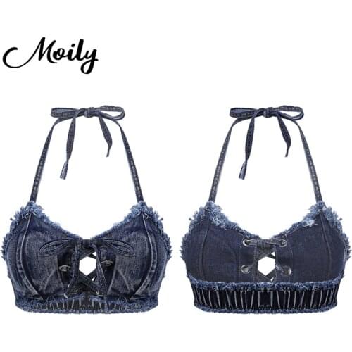 Female Tops Halter Neck Denim Bikini Bra Jean Lace-up Sleeveless Crop Top Sexy Nightclub Jazz Dancing Stage Performance Clothing