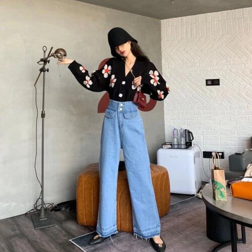 Women Loose Knitwear Sweaters Adults Flower Pattern Long Sleeve V-neck Button Down Cardigan