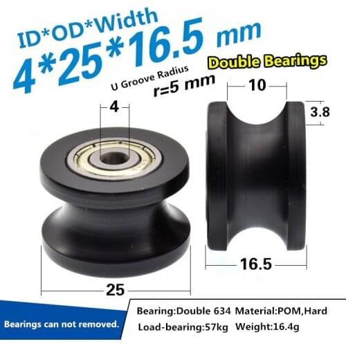 2pcs 4/5x25x16.5mm delrin dual bearing U groove pulley wheel sheave R5mm black color single bearing rolling pulley
