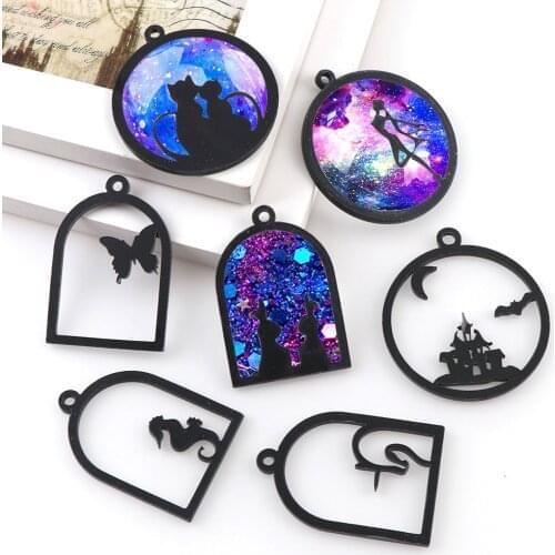 1pcs Butterfly Fish Cat Girl Rabbit Animal Acrylic Frame Pendant Gold Charm Bezel Setting Cabochon Setting UV Resin Charm