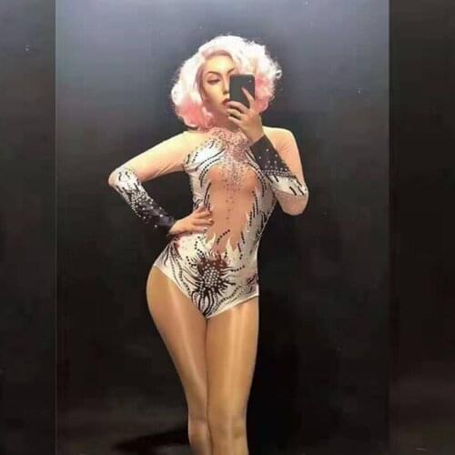 2019 Fashion Beige With White Beads Long Sleeve Sexy Summer Mesh Bodysuit Backless Hollow Out Diamond Clubwear Zipper Wholesale