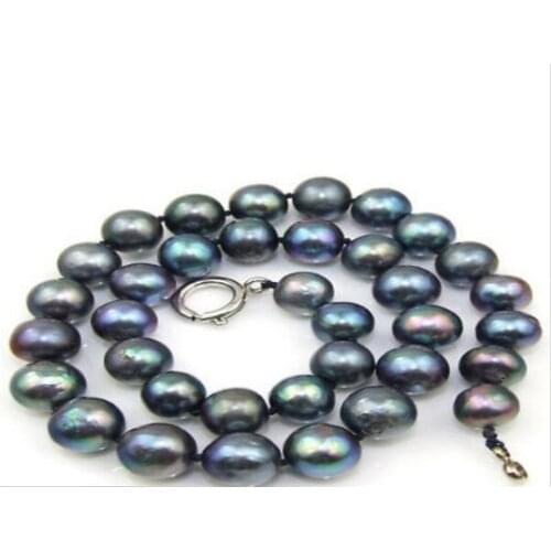 Black Round 10~9mm Cultured Pearl Necklace 17" Choker Real Black Pearl Necklace