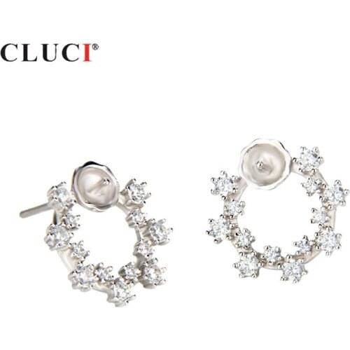CLUCI 925 Sterling Silver Stud Earrings Jewelry Zironia Pearl Earring Mounting Silver 925 Round Stud Earrings for Women SE049SB