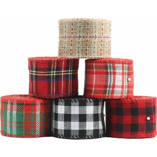 Plaid Ribbon Imitation Hemp Ribbon Wire Wire Linen Ribbon Wedding Christmas Decoration Green Red Snowflake Plaid Ribbon 6M/Roll
