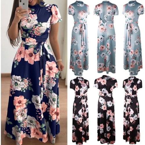 Summer Casual Womens Lace Up Long Dresses Short Sleeve Bodycon Floral Printed Long Dress Fashion Ladies Summer Flower Dress