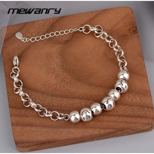 MEWANRY 925 Sterling Silver Bracelets INS Fashion Hip Hop Vintage Couples Simple Round Beads Smiley Face Party Jewelry Wholesale