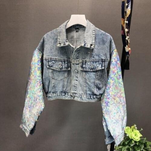 Harajuku Fashion Rainbow Sequins Appliques Short Jeans Jacket Women Fake Fur Cartoon Batwing Sleeve Denim Jacket Ladies Coat New