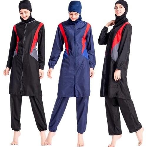 Muslim Women Zipper Swimwear Islamic Full Cover Swimsuit Lady Beachwear Burkini 3pcs Arab Conservative Bathing Suits Sports New