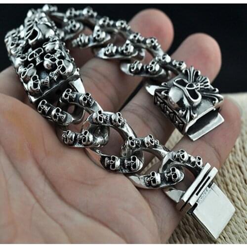 BOCAI New solid 925 silver jewelry retro Thai silver skull s925 silver bracelet for man wide face thick domineering man bracelet