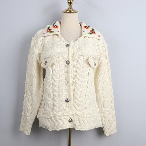 1105 2020 Free Shipping Lapel New Long Sleeve Kint White Flowers Fashion Womens Clothes DL