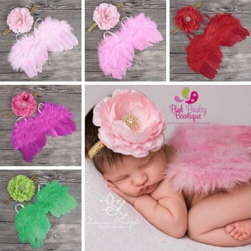 Lovely Baby Girls Soft Angel Feather Wings and Peony Headband Costume Set One Hundred Days Baby Photography Clothing