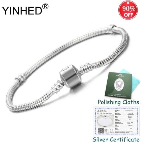 Sent Silver Certificate! YINHED Original DIY Bracelet Bangle Solid 925 Silver Snake Chain Bead Bracelets for Women Jewelry ZB027