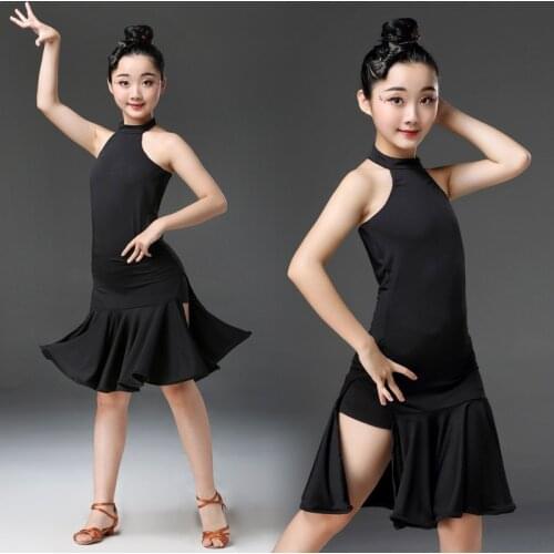 New Girls Latin Dance Dress Children Practice Clothing Solid Black Halter Competition Performance Dress Ballroom Dancing Dresses
