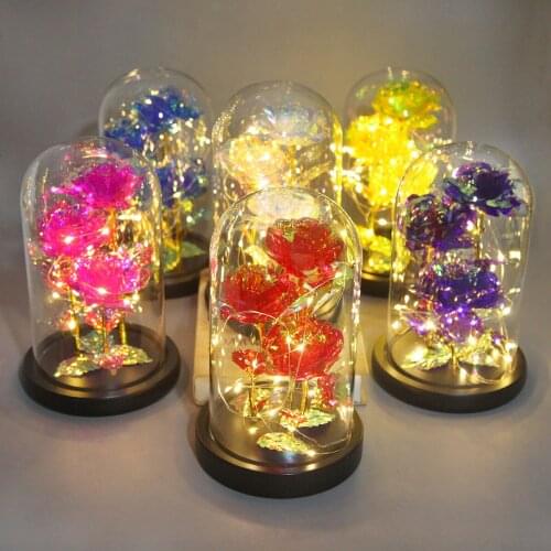 Mothers Day Birthday Gift Wedding 3 Head 24K Galaxy Rose Flowers In Flask Glass Dome For Valentines Decoration